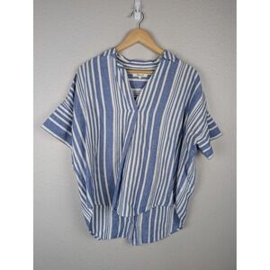Madewell‎ Striped Linen Cotton Blend V Neck Dolman Sleeve Top Blue White Size S